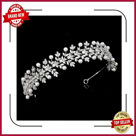 Pearl & Cubic Zirconia Bridal Headpiece Silver Gold Botanical Wedding Tiara main image 4
